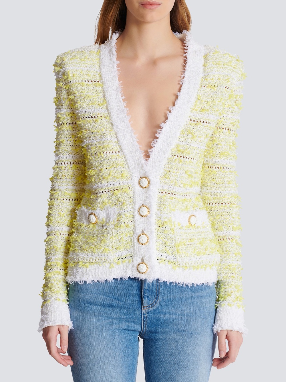 Balmain Yellow and White Tweed Cardigan 42 FR 10 US DF1KL106KG71 NWT Long Sleeve